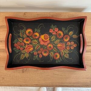 Vintage Hand Painted Wood Tray Folk Art Tolework Floral Black Punk Green Unique